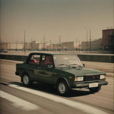 poster for movie, (drifting in motion), (((road turn))), several ((modified)) ((colorful)) (red) (black) (yellow) (green) lada cars, (racing), winter, (night, soil and dirt flies out from under the wheels), against the background of soviet buildings, (russian city), ((moscow)), cinematic lighting, color filters, dramatic