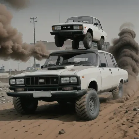 poster for , lada car in mad max, monster truck, photo, ((soil and dirt flies out from under the wheels)), against the background of soviet buildings, (russian city), ((moscow)), cinematic lighting, color filters, dramatic