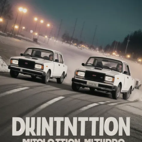 poster for , (drifting in motion), (road turn), several ((modified)) (colorful) lada cars, (racing), winter, night, against the background of soviet buildings, cinematic lighting, color filters, dramatic