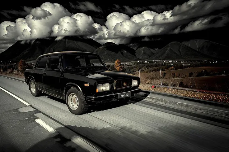black car <hypernet:lada2107SovietCar_lada1100:1.2> on road, clouds, mountains on backgroud, ultra wide shot, atmospheric, cinematic, night atmosphere, Autumn, a professional photo, center view, cosmos baskground, detailed sky box