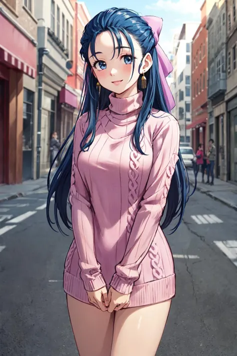 masterpiece,best quality,highres,ultra-detailed,flora \(dq5\),long hair,half updo,pink bow,earrings,<lora:flora:0.7>,(sweater:1.2),(turtleneck:1.2),street,smile,standing,hands_on_lap,