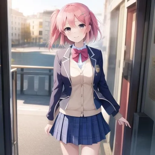 (masterpiece, best quality:1.2),illustration,8k,hd,1girl,solo,cowboy shot,short hair,skirt,shoes,jacket,hair ornament,school uniform,pink hair,smile,blue blazer,hairclip,bow,pleated skirt,kneehighs,red bowtie,short hair,bangs,brown eyes,hair one side up,cardigan,plaid skirt,hairclip,long sleeves,blue skirt,<lora:Shindou Ayane>,