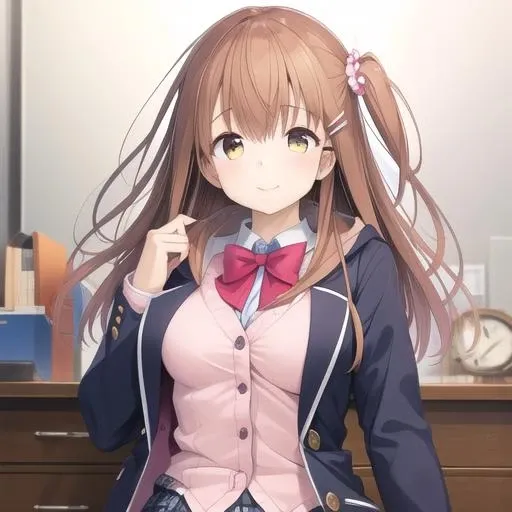 (masterpiece, best quality:1.2),illustration,8k,hd,1girl,solo,upper body,(portrait:1.2),medium breasts,smile,long hair,loafers,shoes,brown hair,hair ornament,bangs,pleated skirt,school uniform,hairclip,hood,plaid,pink jacket,open clothes,white shirt,hoodie,hair scrunchie,black pantyhose,bow,blue skirt,plaid skirt,brown eyes,long sleeves,hair one side up,yellow eyes,bowtie,<lora:Himeno Sena>,