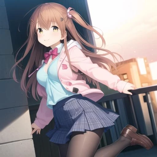 aairoha, medium hair, , neck ribbon, collared shirt, blazer, black jacket, open jacket, long sleeves, plaid skirt,
looking at viewer, looking down, frome below, sleepy eye, smile, teeth, sitting, knee up, presenting toe, foreshortening, foot, legs, thighs,
outdoors, dynamic angle, beautiful purple sunset,
(masterpiece:1.2), best quality, high resolution, unity 8k wallpaper, (illustration:0.8), (beautiful detailed eyes:1.6), extremely detailed face, perfect lighting, extremely detailed CG, (perfect hands, perfect anatomy),