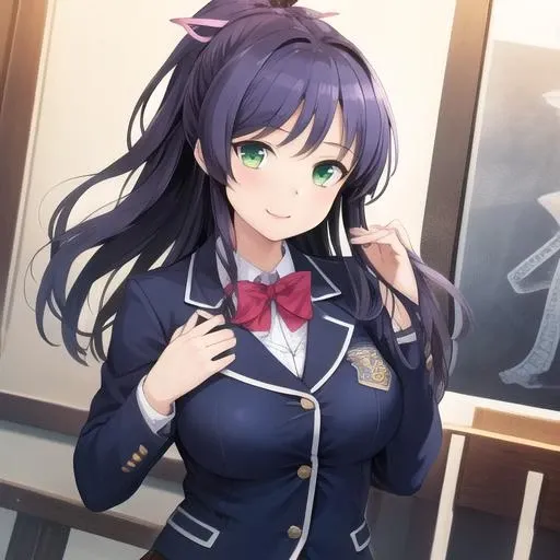 masterpiece, best quality, detailed face, detailed eyes,  <lora:HUChloe:0.6>, school uniform, necktie, blazer, miniskirt, leg warmers, brown footwear, purple hair, long hair, standing, contrapposto, smile, indoors,  <lora:style - cutesexyrobutts - 0.85:0.7>, medium breasts, hands in pockets,
