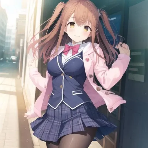 (masterpiece, best quality:1.2),illustration,8k,hd,1girl,solo,cowboy shot,medium breasts,smile,long hair,loafers,shoes,brown hair,hair ornament,bangs,pleated skirt,school uniform,hairclip,hood,plaid,pink jacket,open clothes,white shirt,hoodie,hair scrunchie,black pantyhose,bow,blue skirt,plaid skirt,brown eyes,long sleeves,one side up,yellow eyes,bowtie,<lora:Himeno Sena>,