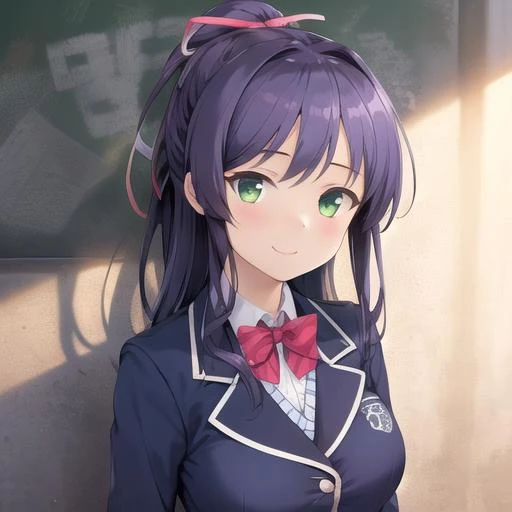 (masterpiece, best quality:1.2),illustration,8k,hd,1girl,solo,upper body,(portrait:1.2),skirt,long hair,loafers,jacket,school uniform,smile,bow,green eyes,ponytail,blazer,pleated skirt,plaid skirt,black thighhighs,bangs,long sleeves,blue hair,hair ribbon,bowtie,blue skirt,large breasts,zettai ryouiki,<lora:Shijou Rika>,