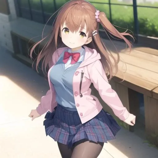 ((highest quality)), ((masterpiece)), (detailed), (Character Focus、????????????,whole body), Anime 2D Rendering, Realistic young anime woman, Five Fingers, Perfect Face, Beautiful fine details, Beautiful body, Beautiful ???????, Beautiful thighs, (Smaller ???????)、Beautiful feet, (White beautiful skin), Baby Face、 12 year old girl、One Girl, Redhead、(ponytail、Black Ribbon), ((Collared short-sleeved shirt, White shirt, Blue plaid pleated skirt, Blue tie))、(Black Pantyhose、loafers), Wicked Smile、((Grin))、garden、She turns her face and body towards the viewer，A pretty face and a charming smile，Are standing、