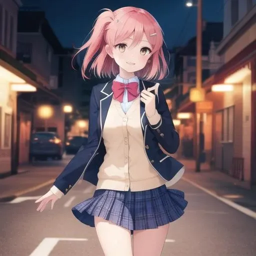 (masterpiece, best quality:1.2),illustration,8k,hd,1girl,solo,cowboy shot,short hair,skirt,shoes,jacket,hair ornament,school uniform,pink hair,smile,blue blazer,hairclip,bow,pleated skirt,kneehighs,red bowtie,short hair,bangs,brown eyes,hair one side up,cardigan,plaid skirt,hairclip,long sleeves,blue skirt,<lora:Shindou Ayane>,