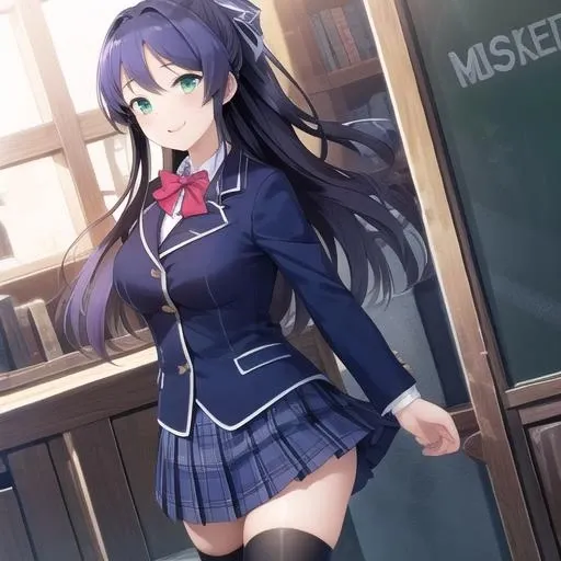 (masterpiece, best quality:1.2),illustration,8k,hd,1girl,solo,cowboy shot,skirt,long hair,loafers,jacket,school uniform,smile,bow,green eyes,ponytail,blazer,pleated skirt,plaid skirt,black thighhighs,bangs,long sleeves,blue hair,hair ribbon,bowtie,blue skirt,large breasts,zettai ryouiki,<lora:Shijou Rika>,