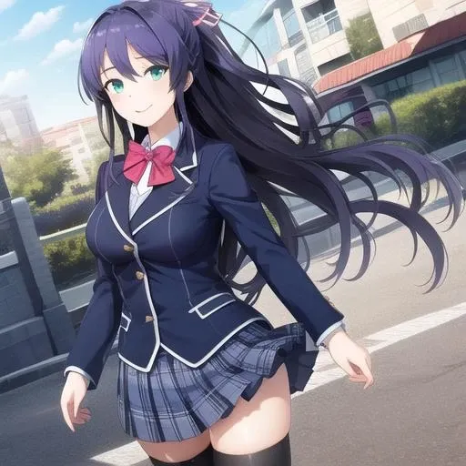 (masterpiece, best quality:1.2),illustration,8k,hd,1girl,solo,cowboy shot,skirt,long hair,loafers,jacket,school uniform,smile,bow,green eyes,ponytail,blazer,pleated skirt,plaid skirt,black thighhighs,bangs,long sleeves,blue hair,hair ribbon,bowtie,blue skirt,large breasts,zettai ryouiki,<lora:Shijou Rika>,