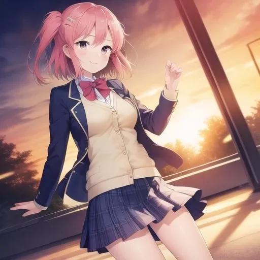 (masterpiece, best quality:1.2),illustration,8k,hd,1girl,solo,cowboy shot,short hair,skirt,shoes,jacket,hair ornament,school uniform,pink hair,smile,blue blazer,hairclip,bow,pleated skirt,kneehighs,red bowtie,short hair,bangs,brown eyes,hair one side up,cardigan,plaid skirt,hairclip,long sleeves,blue skirt,<lora:Shindou Ayane>,