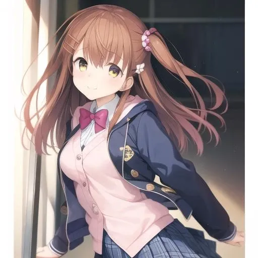 (masterpiece, best quality:1.2),illustration,8k,hd,1girl,solo,upper body,(portrait:1.2),medium breasts,smile,long hair,loafers,shoes,brown hair,hair ornament,bangs,pleated skirt,school uniform,hairclip,hood,plaid,pink jacket,open clothes,white shirt,hoodie,hair scrunchie,black pantyhose,bow,blue skirt,plaid skirt,brown eyes,long sleeves,one side up,side braid, yellow eyes,bowtie,<lora:Himeno Sena>,