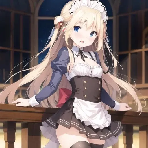 (masterpiece, best quality:1.2),illustration,8k,hd,1girl,solo,cowboy shot,blonde hair,black thighhighs,blue eyes,very long hair,maid headdress,frills,skirt,bow,maid,shirt,double bun,small breasts,long sleeves,<lora:Komari Yui>,