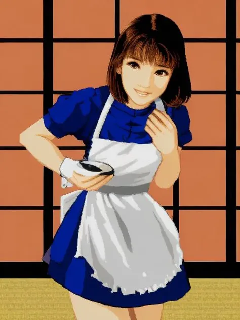 (masterpiece), sharp focus,best quality, beautiful detailed eyes,1girl,highly detailed,finely detailed,highres,best quality, solo, depth of field,light brown hair, swept bangs,short_hair,wavy hair,brown eyes,(((holding_dish))),two-handed dish, dish of Chinese cuisine,small_breast,flat_chest,white_stockings,blue dress,((white apron)),frills_apron,brown_shoes, kitchen  <lora:dynax:1>, masterpiece, best quality,