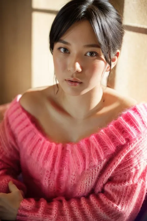 masterpiece,beautiful,extremely detailed,(ultra high res),(8k UHD best quality), (realistic, photo-realistic:1.37), depth_of,field, blurry_background, photo_inset,Dramatic lighting,reference_inset,photo_background,brown_eyes,photorealistic,looking_at_viewer,1girl,shiny skin,detailed skin,(((upper body))),(((sweater))),tomoe<lora:tomoe yamanaka:1>