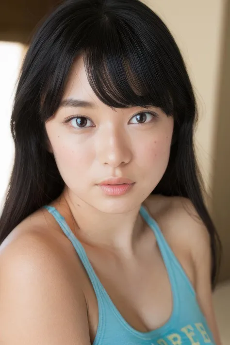 masterpiece,beautiful,extremely detailed,(ultra high res),(8k UHD best quality), (realistic, photo-realistic:1.37), depth_of,field, blurry_background, photo_inset,Dramatic lighting,reference_inset,photo_background,brown_eyes,photorealistic,looking_at_viewer,1girl,shiny skin,detailed skin,(((tank top))),tomoe<lora:tomoe yamanaka:1>