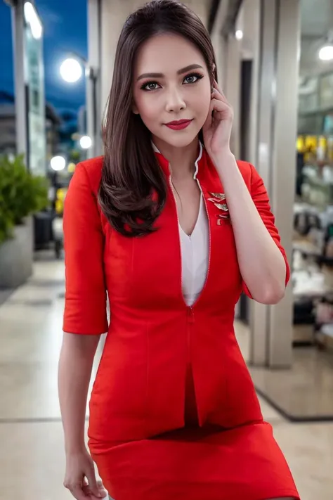 (extremely detailed CG:1.2), (masterpiece:1.2), (best quality:1.2),background,absurdres,cowboy shot,full body,left hand on knee,right hand on ear,(1girl),\(white hair:1.3)\,\((red eye:1.2\)), airasia uniform,a woman,blonded hair,green eyes,red suit,white compression v-neck shirt inside,(red tight skirt:1.4),dynamic pose,standing,(thai theme),(thai school),(night light:1.3),(beautiful detailed hair),(highly detailed hair),(beautiful detailed eye),(highly detailed eye),(beautiful detailed girl), <lora:Airasia Uniform:1=0.85><lora:koreanDollLikeness_v15:0.15> <lora:breastinclassBetter_v13:1>