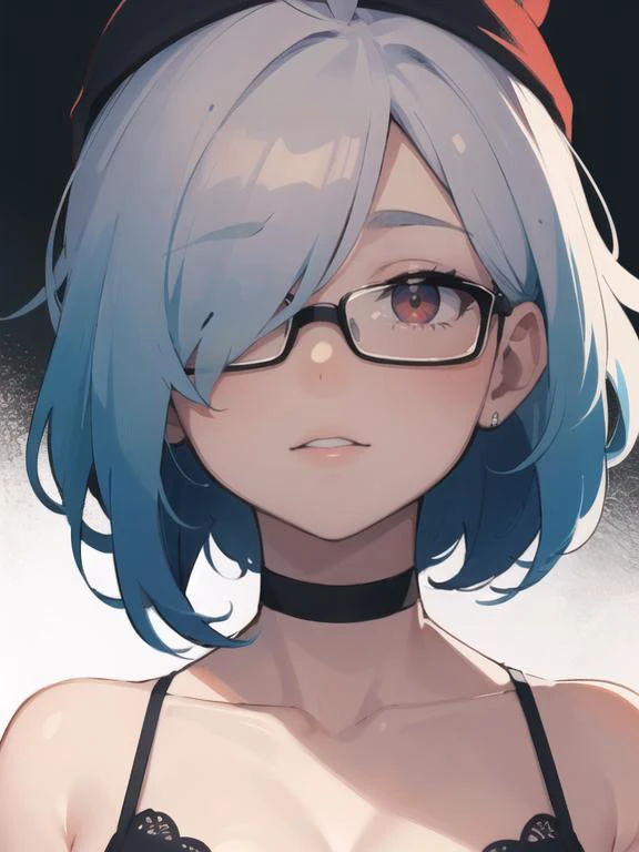 <lora:FizintineStyle:0.4>, fizstyle, <lora:sam_yang_offset_right_filesize:0.4> , sam yang, <lora:breastinclassBetter_v141:0.4>, <lora:breastsizeslideroffset:0.1>, masterpiece, intense shadows, simple background, ambient light, illustration, thick outlines, highres, dark background, vector illustration, beautiful woman, milf, ((white and blue ombre hair)), wavy hair, short hair, ahoge, collarbone, close up, cleavage, glasses, red eyes, black beanie, choker, hair over one eye, goth