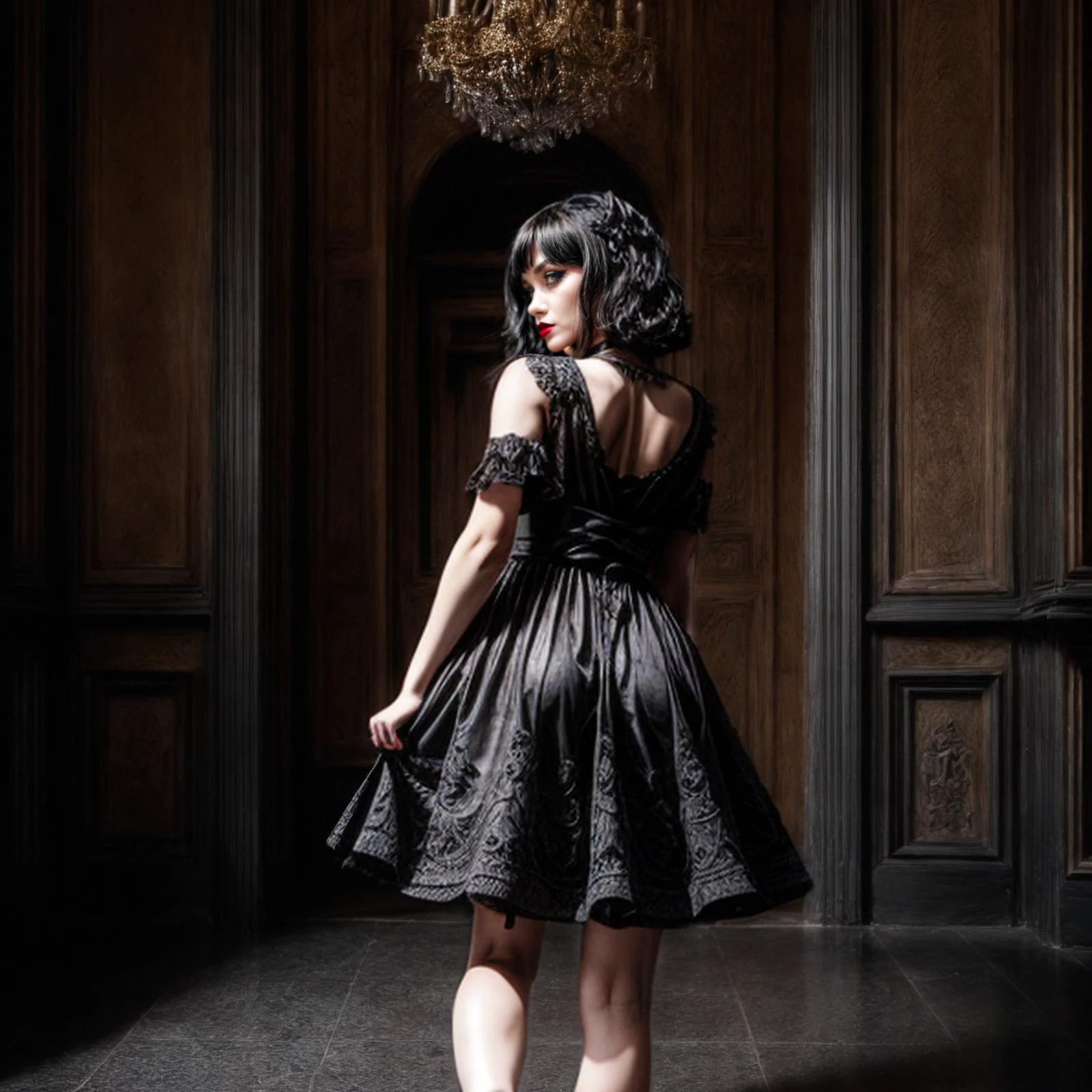 1girl, reaching hand back, walking forward, goth girl, black lipstick, black makeup, black dress, <lora:add_detail:0.6>, very detailed, flirty, mysterious, <lora:more_details:0.6>, <lora:JuggerCineXL2:0.6>, <lora:NsfwPovAllInOneLoraSdxl:0.5> <lora:epiCRealismHelper:0.5> <lora:nudify:0.5> <lora:sinfully_stylish_SDKL:0.5>
