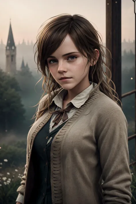 emma watson cute european woman, dressed, hogwarts school uniform, flashing, large breasts, :3, fluffy blonde hair, full body, from front, realistic, 3d, solo, dark dense forest, wind, fog, ((night)), natural skin texture, 24mm, 4k textures, soft cinematic light, adobe lightroom, photolab, hdr, intricate, elegant, highly detailed, sharp focus, ((((cinematic look)))), soothing tones, insane details, intricate details, hyperdetailed, low contrast, soft cinematic light, dim colors, exposure blend, hdr, faded, (Style-Renaissance:0.4), <lora:breastinclassBetter_v141:0.3>, <lora:hipoly3DModelLora_v20:0.3>