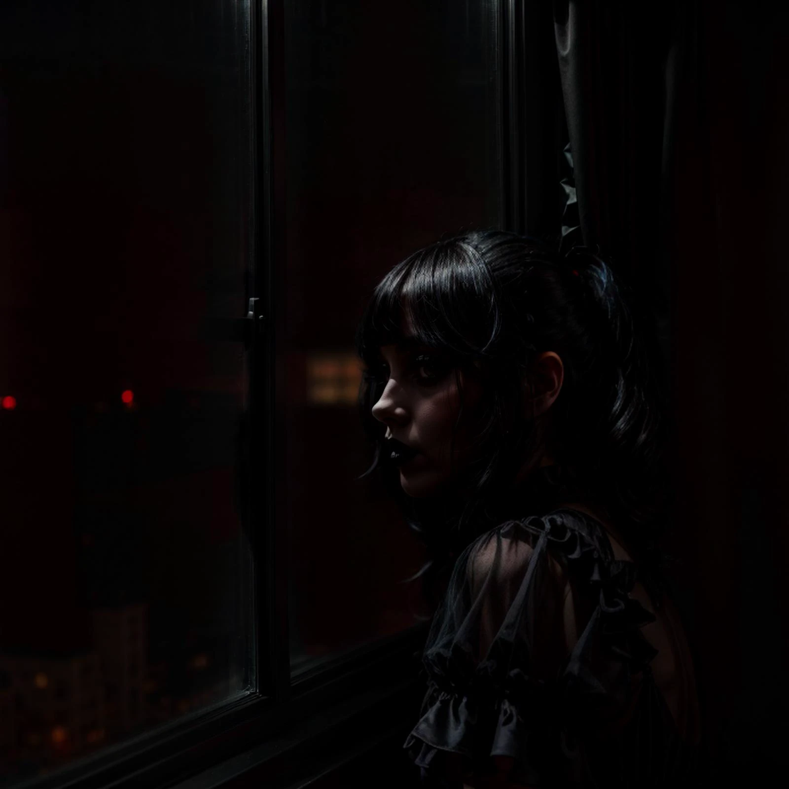 1girl, goth girl, black lipstick, black makeup, black dress, hotel room, night, window, city lights, <lora:add_detail:0.6>, very detailed, flirty, mysterious, <lora:more_details:0.6>, <lora:JuggerCineXL2:0.6>, <lora:NsfwPovAllInOneLoraSdxl:0.5> <lora:epiCRealismHelper:0.5> <lora:nudify:0.5> <lora:sinfully_stylish_SDKL:0.5>
