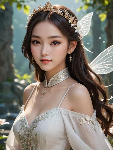 (extremely detailed CG unity 8k wallpaper),(masterpiece),(best quality),(ultra-detailed),(best illustration),(best shadow),ultra-high res,white style,ancient chinese fairy,the background is a dreamy paradise,pure white long-sleeved gauze skirt,(applying_makeup:1.2),upper_body,warm and sexy smile,eye contact,<lora:nudify:0.3>,<lora:add-detail-xl:1>,
