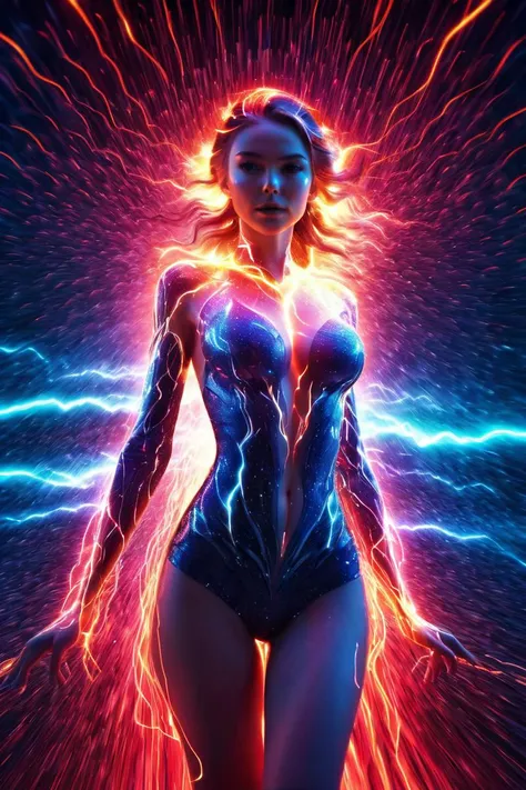 a girl photo with light trails going across it, in the style of conceptual digital art, kinetic pointillism, lightningwave, light crimson and blue, magewave, delicate constructions,<lora:nudify_xl:0.8> topless, best quality, masterpiece, highres, absurdres, incredibly absurdres, huge filesize, wallpaper, colorful,8K,RAW photo