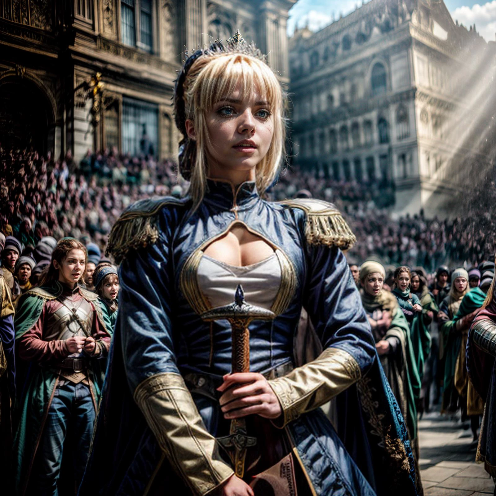 brown hair, 1girl, artoria pendragon \(fate\), <lora:saber_v1:0.6>, holding up sword, outside, cheering crowd, high quality, highres, masterpiece, best quality, 8k, intricate, detailed, <lora:add_detail:0.6>, very detailed, <lora:more_details:0.6>, <lora:JuggerCineXL2:0.6>, <lora:NsfwPovAllInOneLoraSdxl:0.5>, <lora:epiCRealismHelper:0.5>, <lora:nudify:0.5>, <lora:sinfully_stylish_SDKL:0.5>