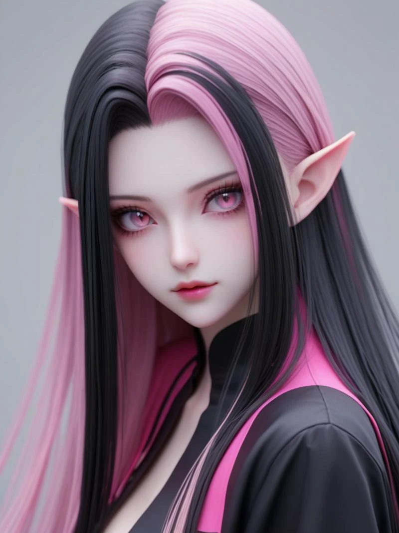 <lora:Draculaura1.0:1> draculaura, multicolored hair, pink hair, long hair, solo, black hair, streaked hair, two-tone hair, pink eyes, pointy ears, <lora:nudify:1>