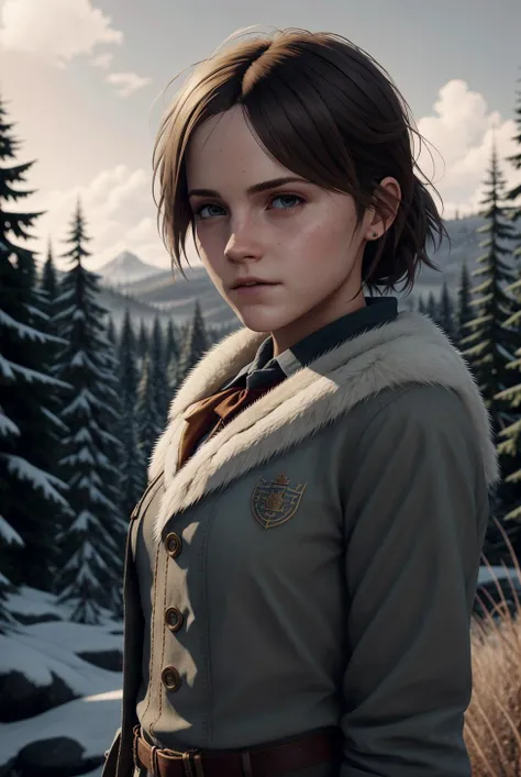 emma watson european woman, dressed, hogwarts school uniform, flashing, large breasts, blonde hair, full body, from front, realistic, 3d, solo, winter forest, natural skin texture, 24mm, 4k textures, soft cinematic light, adobe lightroom, photolab, hdr, intricate, elegant, highly detailed, sharp focus, ((((cinematic look)))), soothing tones, insane details, intricate details, hyperdetailed, low contrast, soft cinematic light, dim colors, exposure blend, hdr, faded, (Style-Renaissance:0.4), <lora:breastinclassBetter_v141:0.3>, <lora:hipoly3DModelLora_v20:0.2>