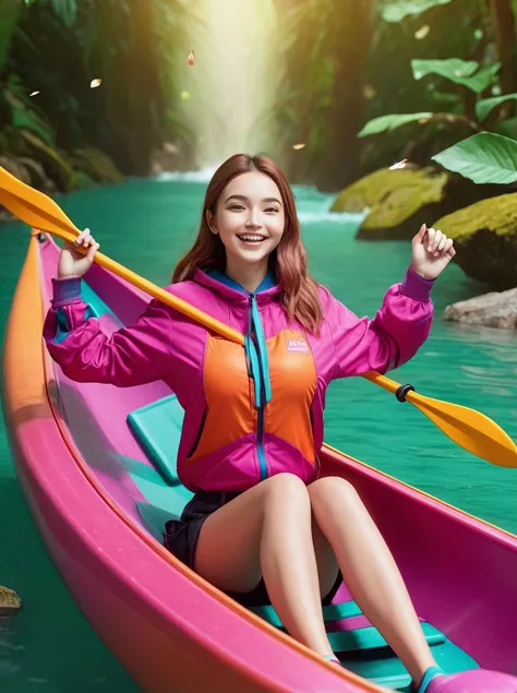 1girl in canoe, in the style of nature-inspired compositions, orange and magenta, kodak vision3, close up, junglepunk, playful lines, joyful celebration of nature ,<lora:nudify_xl:1> ,topless,beautiful and detailed eyes, best quality, masterpiece, highres, absurdres, incredibly absurdres, huge filesize, wallpaper, colorful,8K,RAW photo