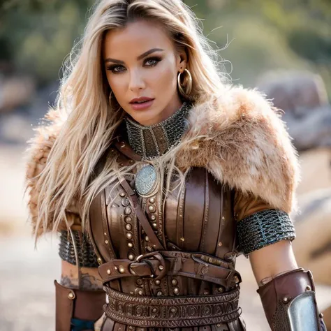 (masterpiece:1.2), (best quality,:1.2), 8k, HDR, ultra detailed, ((photorealistic)), perfect anatomy, professional light, cinematic lighting, fashion photography, ambient lighting,<lora:detail_slider_v4:2.5>, Robyn, <lora:Robyn-10:1>, a woman with earrings, dark makeup, collar, (cowboy shot), as viking warrior, wearing intricate viking armor, leather, fur, chainmail, holding a sword, VikAr, belt, bracers, <lora:VikingArmor-10:0.5>, epiCPhoto