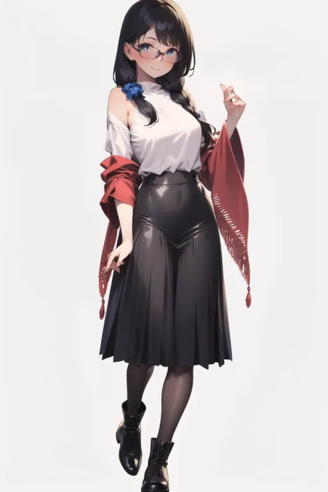 <lora:92m_v0.3:1.0>
1girl, solo, long hair, looking at viewer, blush, smile, blue eyes, skirt, simple background, shirt, black hair, white background, standing, full body, white shirt, boots, glasses, black skirt, scarf, black footwear, scrunchie, hair over shoulder, hair scrunchie, long skirt, shawl, long sleeves, wide sleeves,, masterpiece, best quality, highly detailed