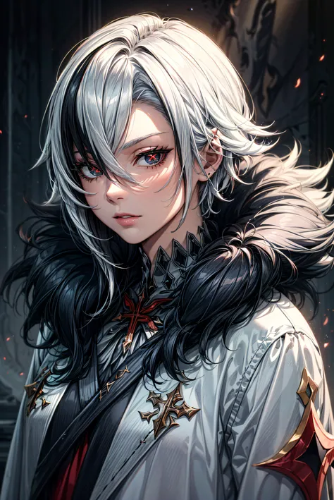 highly detailed, dynamic, cinematic, stunning, realistic lighting and shading, arlecchino, hair between eyes, black hair, white hair, short hair, coat, fur trim, fur-trimmed coat, (x-shaped eyes, symbol shaped eyes, cross eyes),
<lora:arlecchino_genshin_impact:0.8>
<lora:add_detail:1>,