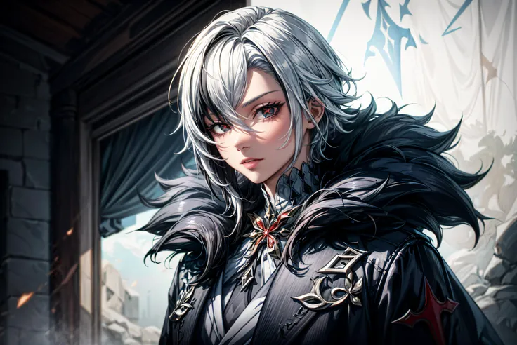 highly detailed, dynamic, cinematic, stunning, realistic lighting and shading, arlecchino, hair between eyes, black hair, white hair, short hair, coat, fur trim, fur-trimmed coat, (x-shaped eyes, symbol shaped eyes, cross eyes),
<lora:arlecchino_genshin_impact:0.8>
<lora:add_detail:1>,