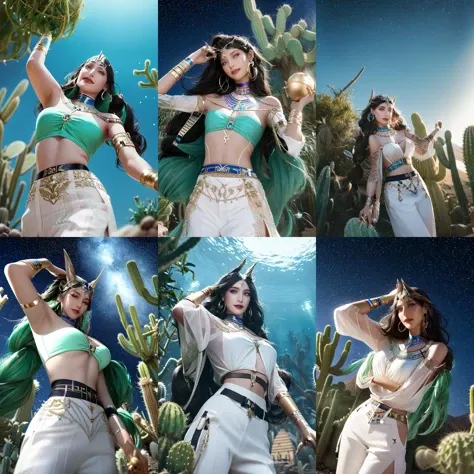(otherworldly, otherworldly atmosphere, otherworldly appearance), highly insanely detailed, masterpiece, top quality, best quality, highres, 4k, 8k, RAW photo, collar, earrings, jewelry, necklace, armlet, 
(long_hair, long hair, random colors cloth, random colors hair, random long hair, dynamic hair, glowing hair, hair over one eye), 
(eyelashes, eyeliner, eyeshadow, eyelashes), 
pink lipstick, 
natural makeup, 
((ancient egyptian theme:1.2)), golden ornaments, 
1girl, (portrait:0.4), nsfw, 
((desert, Mexico, cacti, underwater)), 
a grove of mechanical trees swaying to the rhythm of coded breezes, (tranquil:0.6), (serene:0.5), 
long messy hair, 
1girl, (from below), 
<lora:stargazer:1>, (stargazer, long hair, twintails), ( arabian clothes, white pants), (night, starry sky, desert), (standing, evil smile, arms up), (floating object, card), 
(moss vines), (fantasy world)