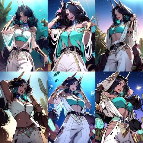 (otherworldly, otherworldly atmosphere, otherworldly appearance), highly insanely detailed, masterpiece, top quality, best quality, highres, 4k, 8k, RAW photo, collar, earrings, jewelry, necklace, armlet,
(long_hair, long hair, random colors cloth, random colors hair, random long hair, dynamic hair, glowing hair, hair over one eye),
(eyelashes, eyeliner, eyeshadow, eyelashes),
pink lipstick,
natural makeup,
((ancient egyptian theme:1.2)), golden ornaments,
1girl, (portrait:0.4), nsfw,
((desert, Mexico, cacti, underwater)),
a grove of mechanical trees swaying to the rhythm of coded breezes, (tranquil:0.6), (serene:0.5),
long messy hair,
1girl, (from below),
<lora:stargazer:1>, (stargazer, long hair, twintails), ( arabian clothes, white pants), (night, starry sky, desert), (standing, evil smile, arms up), (floating object, card),
(moss vines), (fantasy world)
