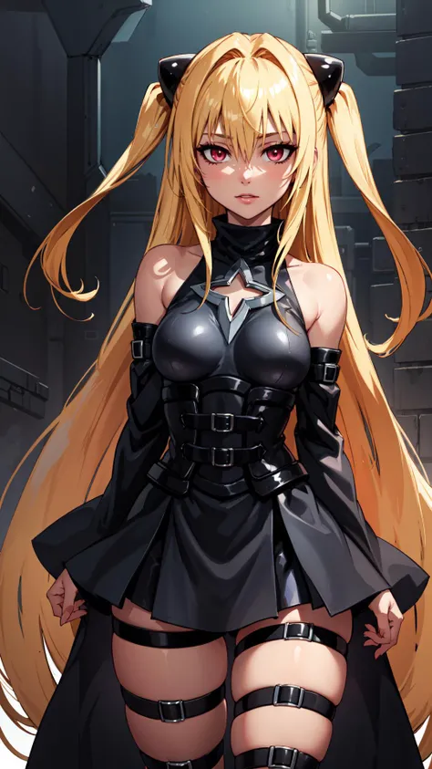 <lora:golden_darkness:0.8> golden_darkness, long hair, very long hair, two side up, hair ornament, medium breasts, hair intakes, hair between eyes, golden_darkness, long hair, very long hair, two side up, looking at viewer, thigh strap, hair ornament, detached sleeves, hair intakes, bare shoulders, medium breasts, hair between eyes, dress