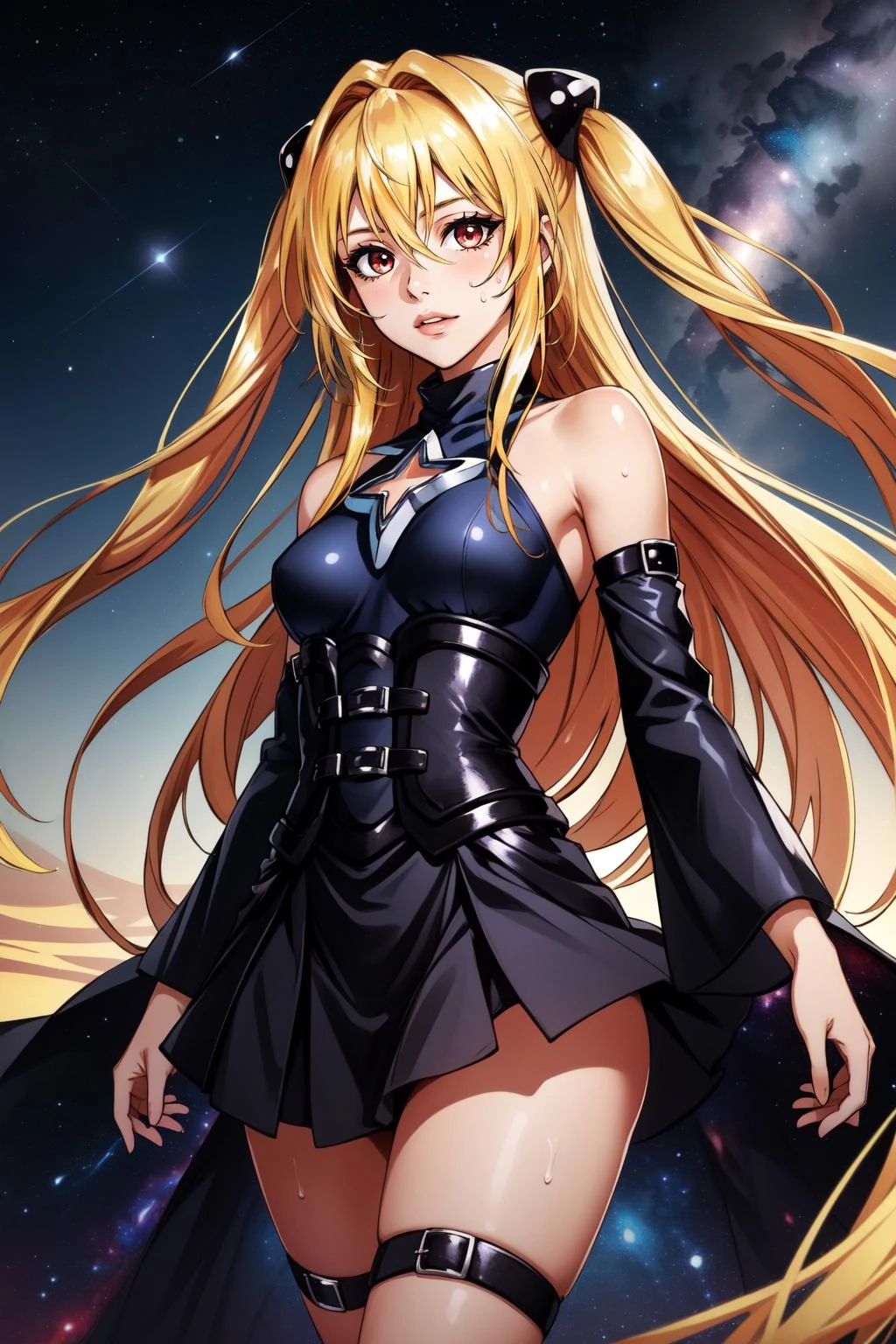 (masterpiece, best quality), intricate details,
1girl, <lora:golden_darkness-10:0.8> golden_darkness, long hair, very long hair, two side up, hair ornament, medium breasts, hair intakes, hair between eyes, golden_darkness, long hair, very long hair, two side up, looking at viewer, thigh strap, hair ornament, detached sleeves, hair intakes, bare shoulders, medium breasts, hair between eyes, dress,
small breasts, night, starry sky, nebula, sweating, boob sweat,