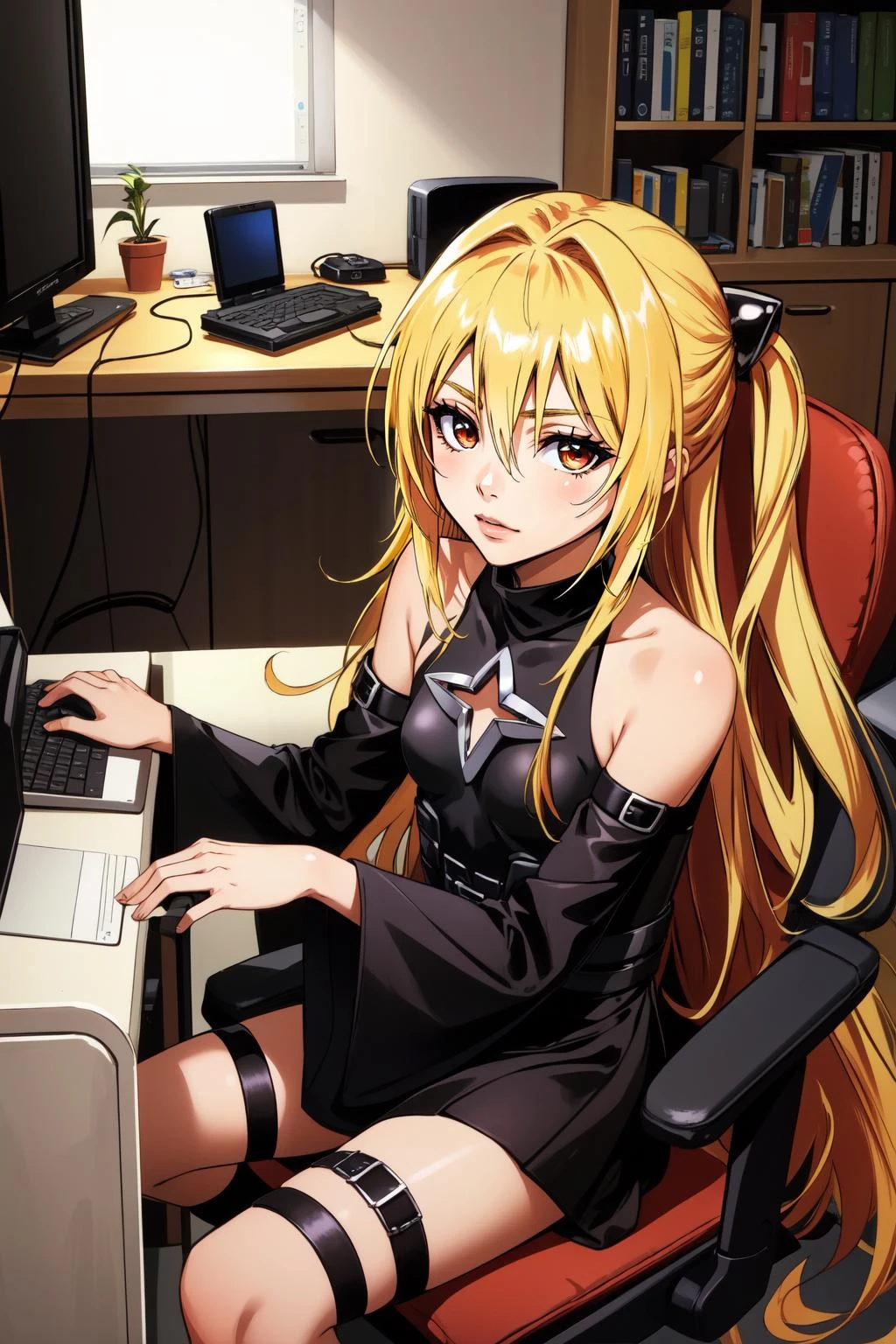 (masterpiece, best quality), intricate details,
1girl, <lora:golden_darkness-10:0.8> golden_darkness, long hair, very long hair, two side up, hair ornament, medium breasts, hair intakes, hair between eyes, golden_darkness, long hair, very long hair, two side up, looking at viewer, thigh strap, hair ornament, detached sleeves, hair intakes, bare shoulders, medium breasts, hair between eyes, dress,
small breasts, indoors, gamer, computer, rgb keyboard, gaming chair, bedroom, desk, <lora:squeezerExperimental_:1>