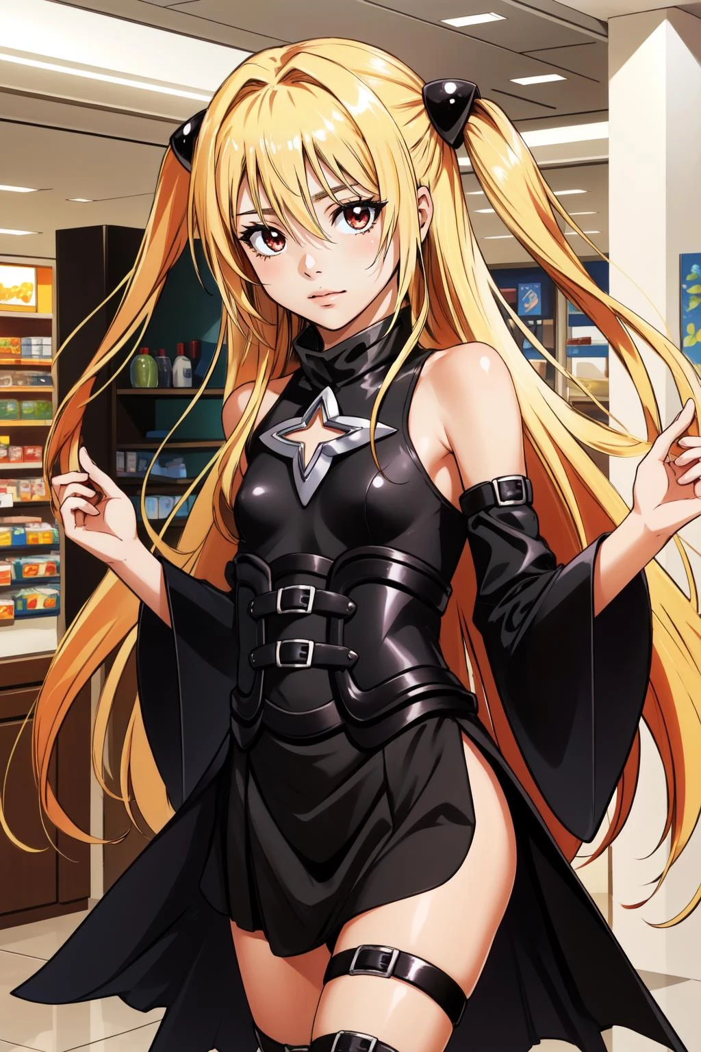 (masterpiece, best quality), intricate details,
1girl, <lora:golden_darkness-10:0.8> golden_darkness, long hair, very long hair, two side up, hair ornament, medium breasts, hair intakes, hair between eyes, golden_darkness, long hair, very long hair, two side up, looking at viewer, thigh strap, hair ornament, detached sleeves, hair intakes, bare shoulders, medium breasts, hair between eyes, dress,
small breasts, indoors, mall, shoping mall, <lora:squeezerExperimental_:1.5>