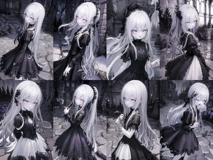 masterpiece, best quality, (solo:1.2), long hair, (aesthetics), (mysterious), small scale mansion, (night), dark, misty, stonework, (hair blowing), pale purple eyes, perfect eyes, gray hair, black gothic dress, white skin, black clothes, (dark purple rose), bust shot, 8 years old <lora:Hirosin_Artstyle_V17_Ep2_Dim16_Al8:1>