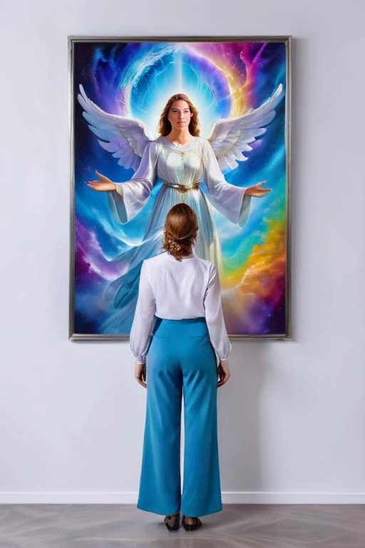 2women, a businesswoman looking at a <lora:Magical_Painting:0.8> magical painting of herself as an angel, no frame, hanging on a normal wall, vivid cosmic colors, sfw, realistic, 8k