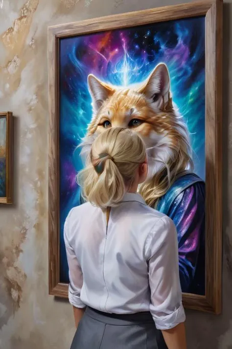 a businesswoman with blonde hair looking at a <lora:Magical_Painting:0.8> magical painting of her self portrait as a furry, back facing the camera, painting has no frame, hanging on a normal wall, sfw, realistic, 8k, detailed face in painting