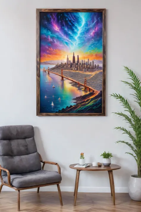 <lora:Magical_Painting:0.8> magical painting San Francisco bay area, hanging on a wall in a mage office, 8k