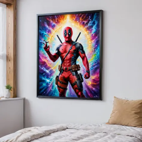 <lora:Magical_Painting:0.8> magical painting of Avengrs movie poster, hanging on a wall over Deadpool's bed, 8k