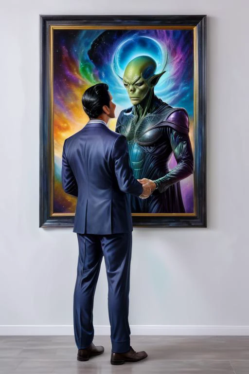 a man in a business suit with black hair looking at a <lora:Magical_Painting:0.8> magical painting of himself portrait as alien , back facing the camera, painting has no frame, hanging on a normal wall, sfw, realistic, 8k, detailed face in painting