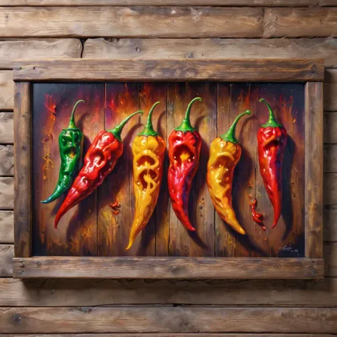 <lora:Magical_Painting:0.8> magical painting of frisky hot peppers, hanging on wood wall, 8k