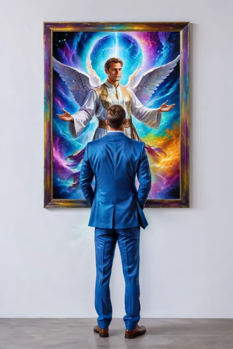 2men, a businessman looking at a <lora:Magical_Painting:0.8> magical painting of male angel, no frame, hanging on a normal wall, vivid cosmic colors, sfw, realistic